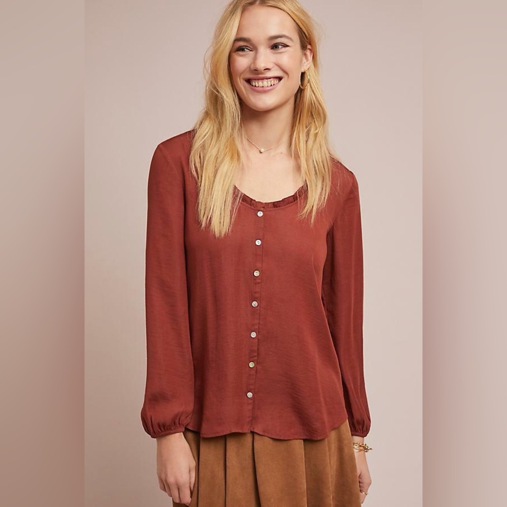 Dolan Anthropologie Rust Button Front Blouse Ruffle Neck